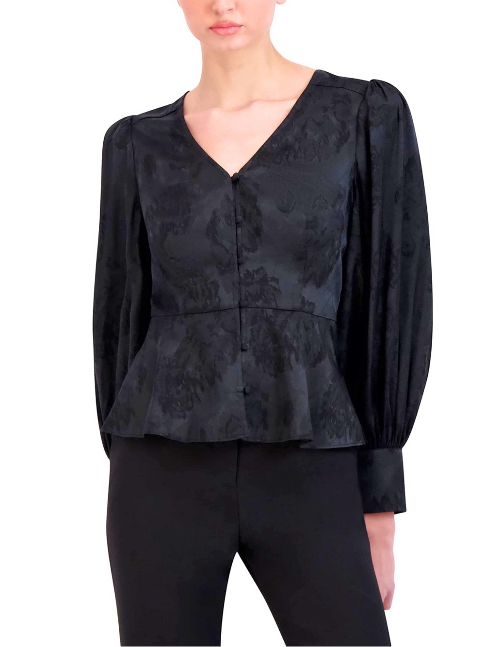 BCBG MaxAzria Women's Black V-Neck Peplum Blouse